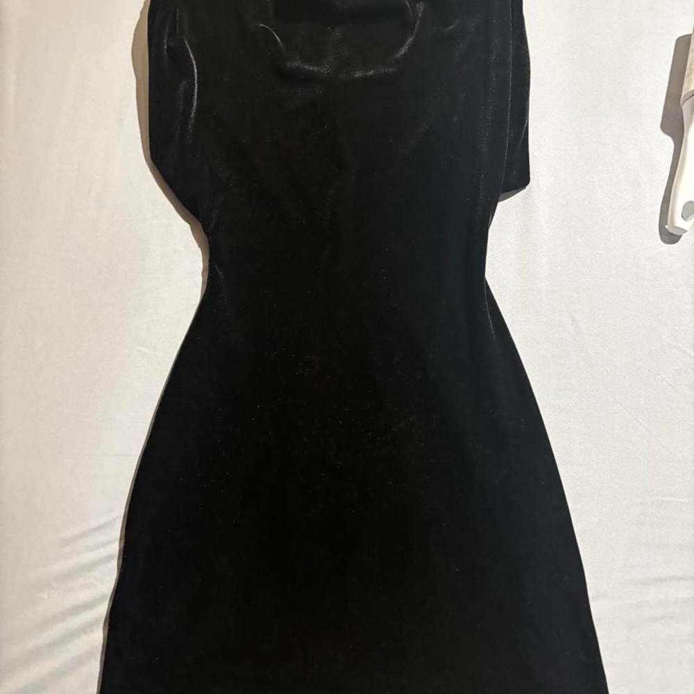 Zara black velvet mini dress with a cowl neck and short sleeves, size S